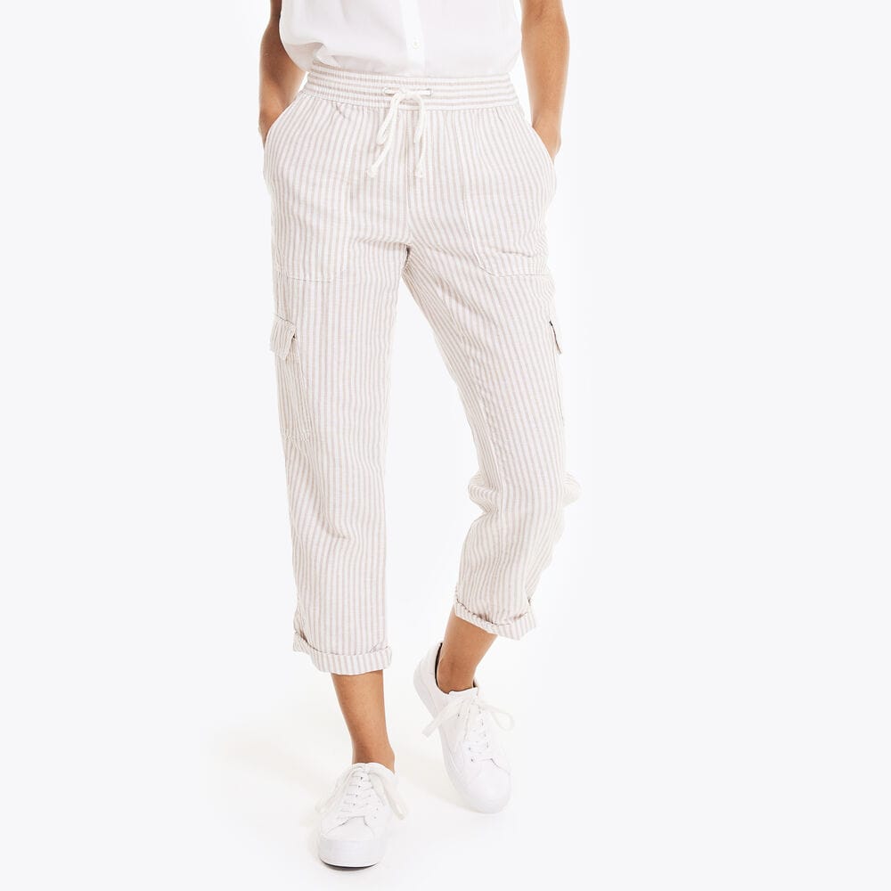 STRIPED LINEN UTILITY PANT,Oxford Tan,large