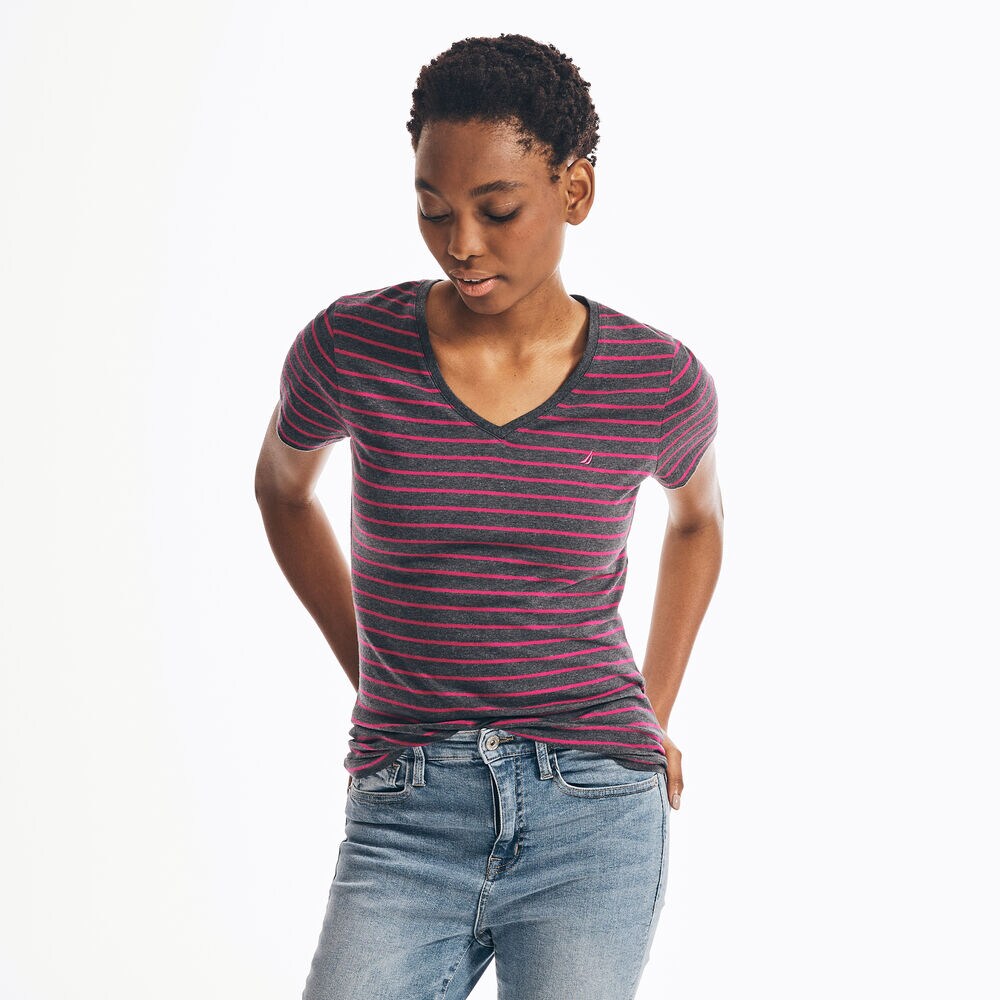 STRIPED BRAND ICON V-NECK T-SHIRT,Charcoal Heather,large