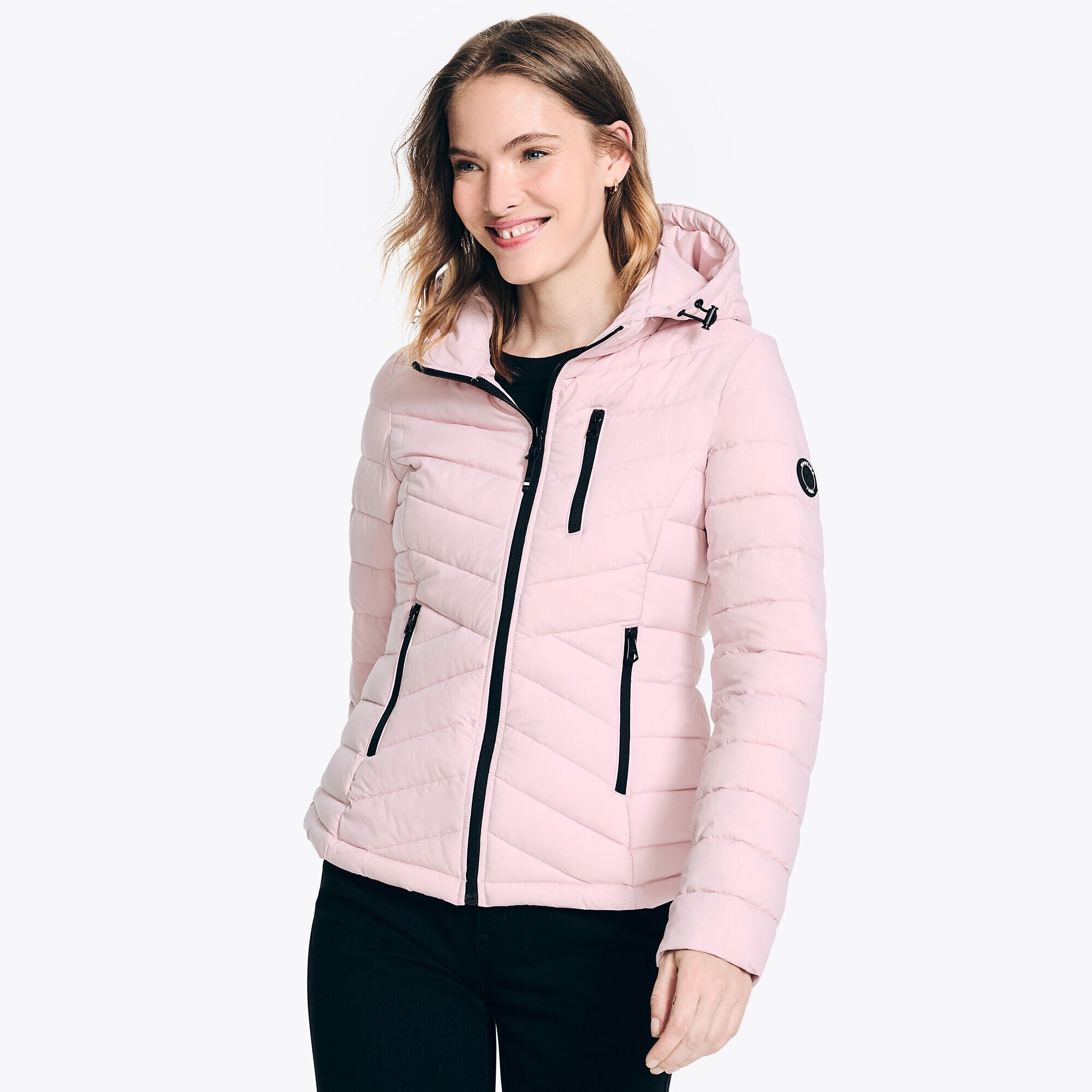 Packable Short Puffer Jacket With Hood,Light Pink,large