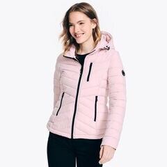Packable Short Puffer Jacket With Hood,Light Pink,large