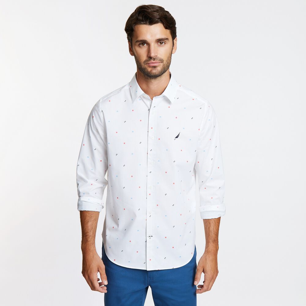 Long Sleeve Wrinkle-Resistant Mini Flags Classic Fit Shirt,Bright White,large