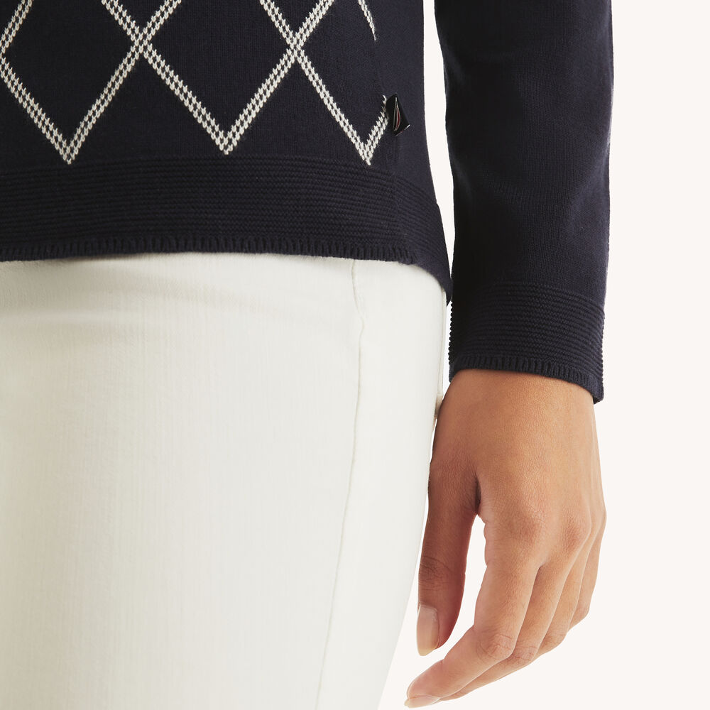 Intarsia Boatneck Sweater,Navy,large