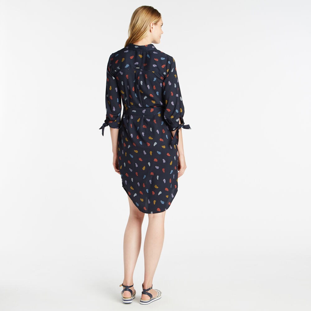THREE-QUARTER SLEEVE LEAF PRINT BUTTON UP DRESS,Stellar Blue Heather,large