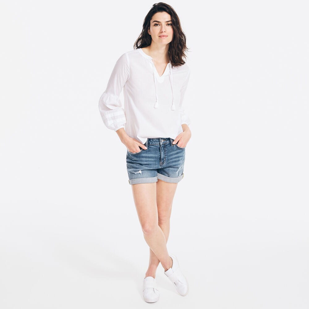 EMBROIDERED SPLIT-NECK TOP,Bright White,large
