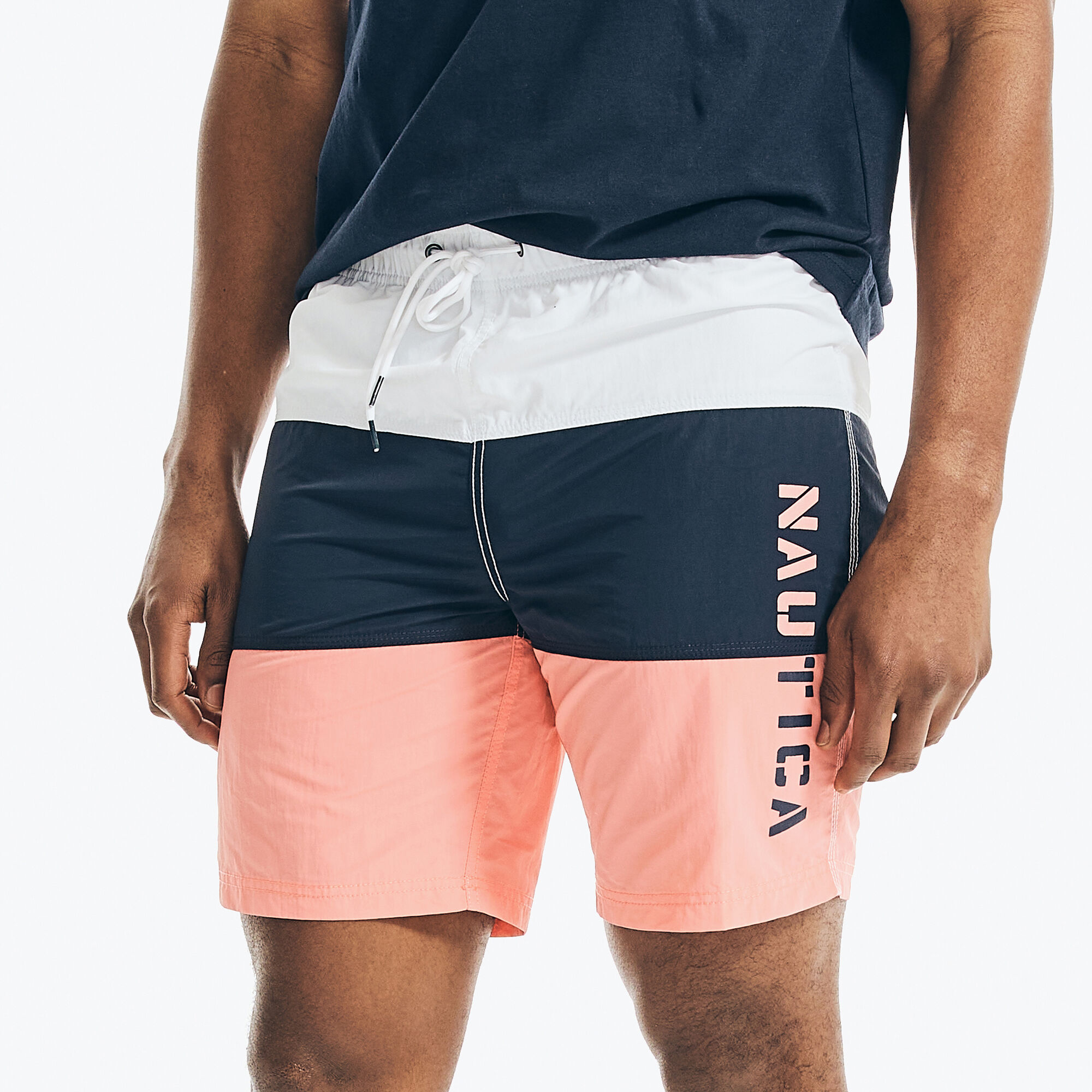 8" COLORBLOCK LOGO PRINT SWIM SHORTS,Pale Coral,large