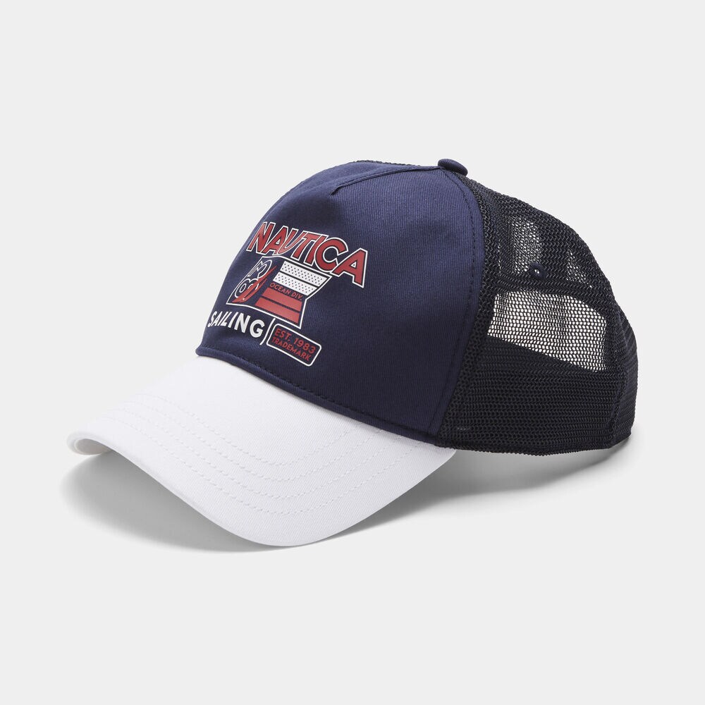 COLORBLOCK LOGO AND SAILING GRAPHIC TRUCKER CAP,Navy,large