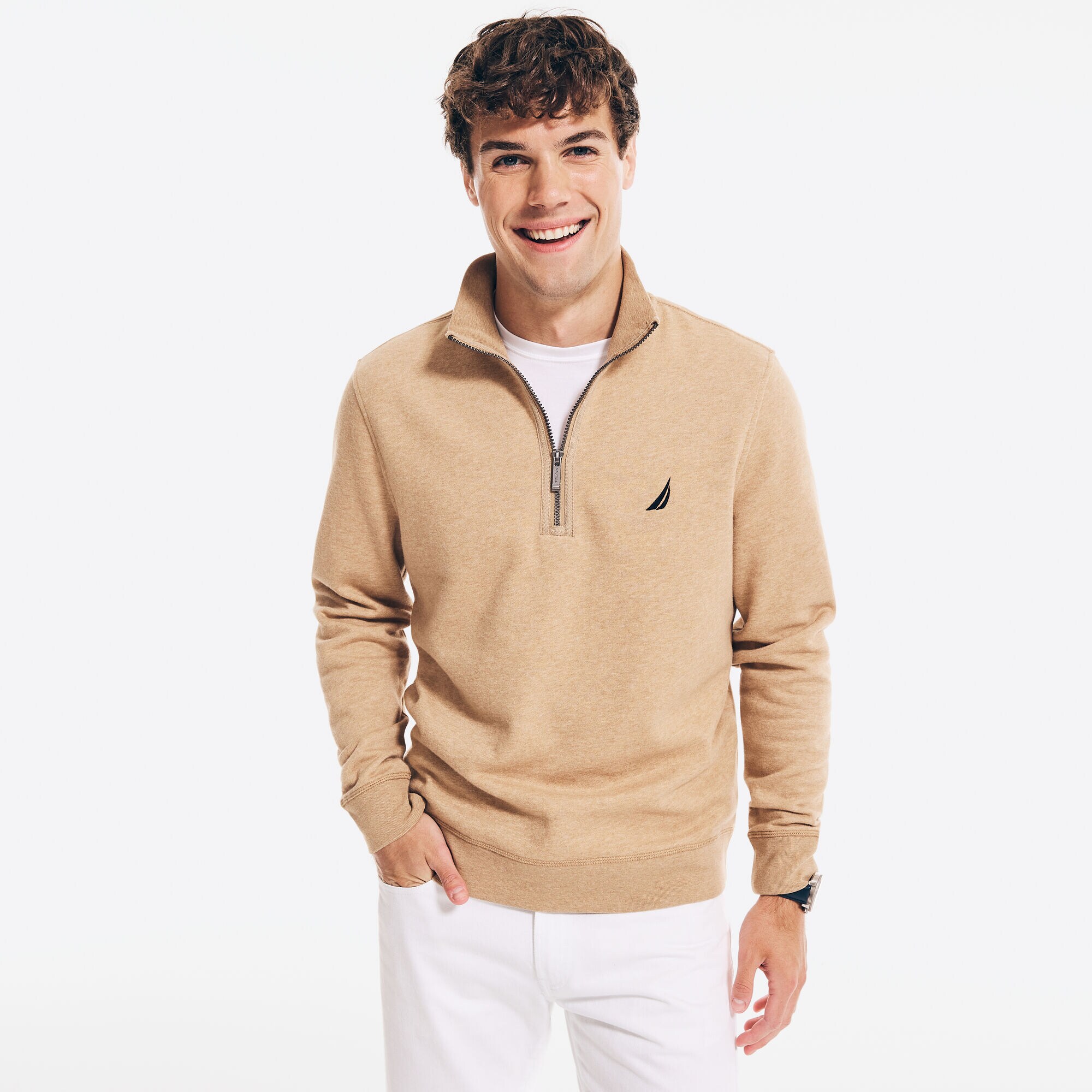 BRAND ICON QUARTER-ZIP SWEATER,Camel Heather,large