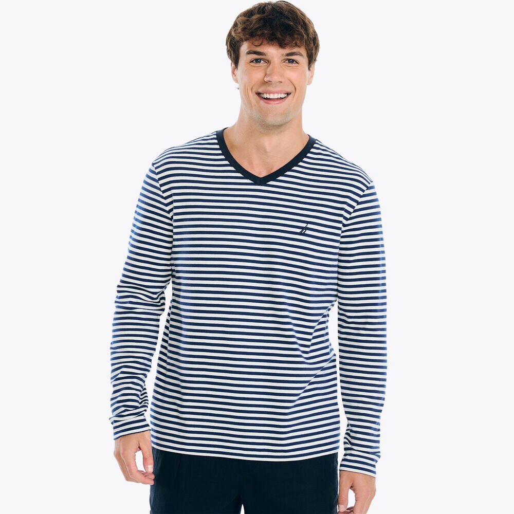 Long-Sleeve Striped Crewneck T-Shirt,Blue Depths,large