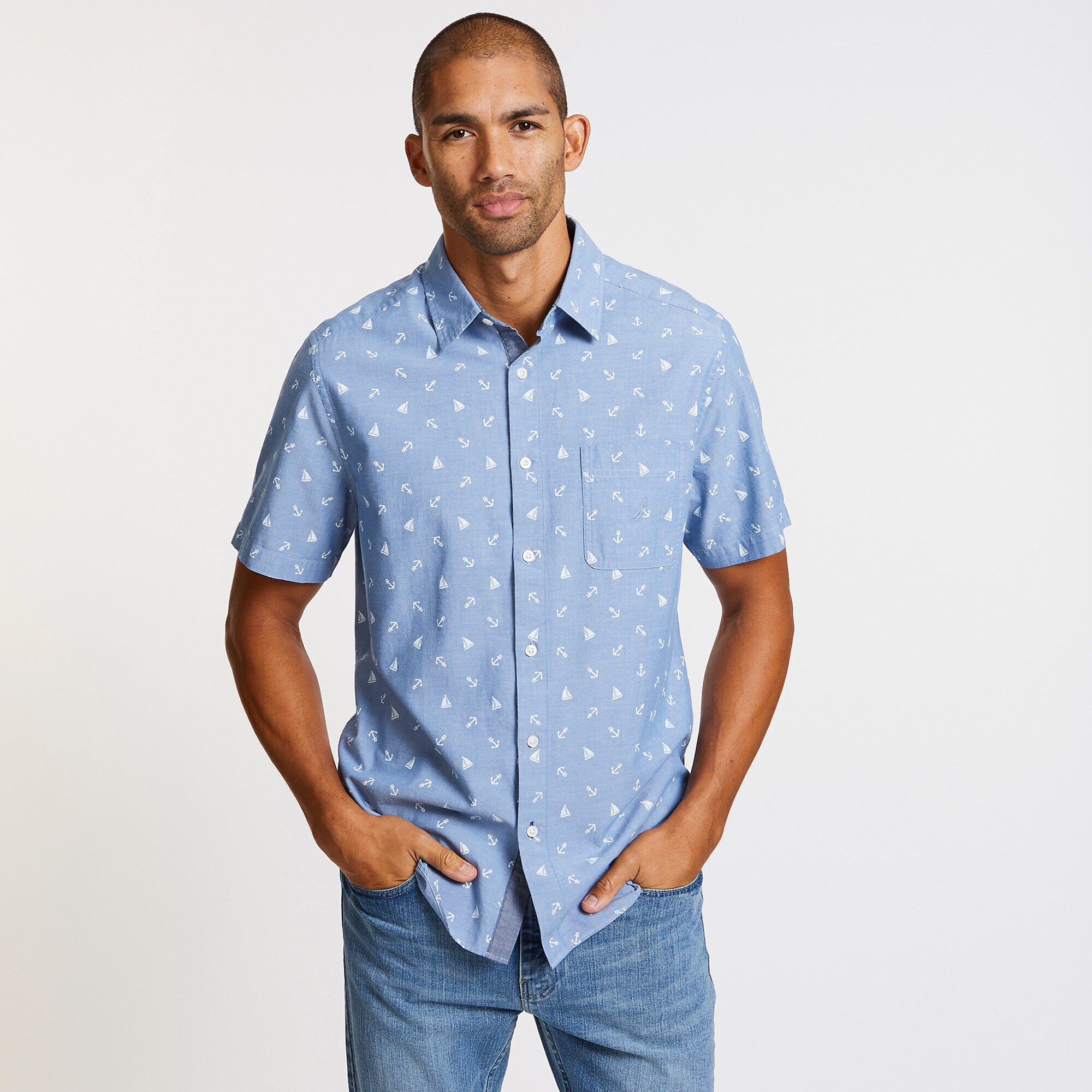 Short Sleeve Boat + Anchor Classic Fit Shirt,Blue Stern,large
