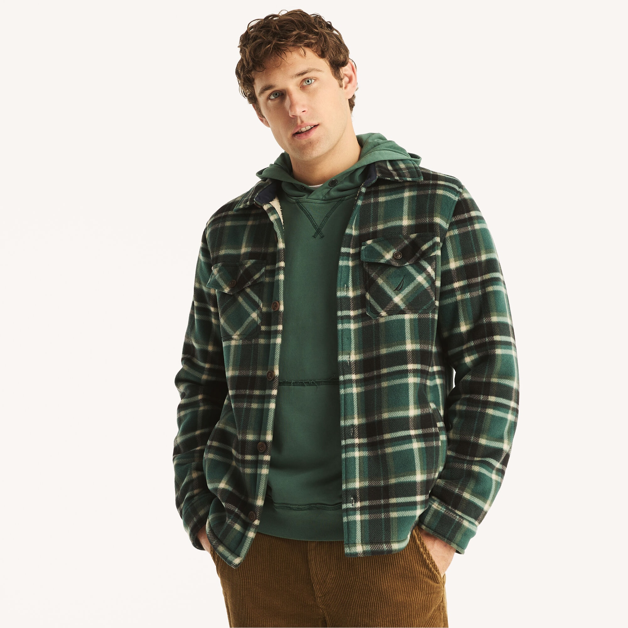 Big & Tall Plaid Faux Shearling Shirt,Cosmic Fern,large