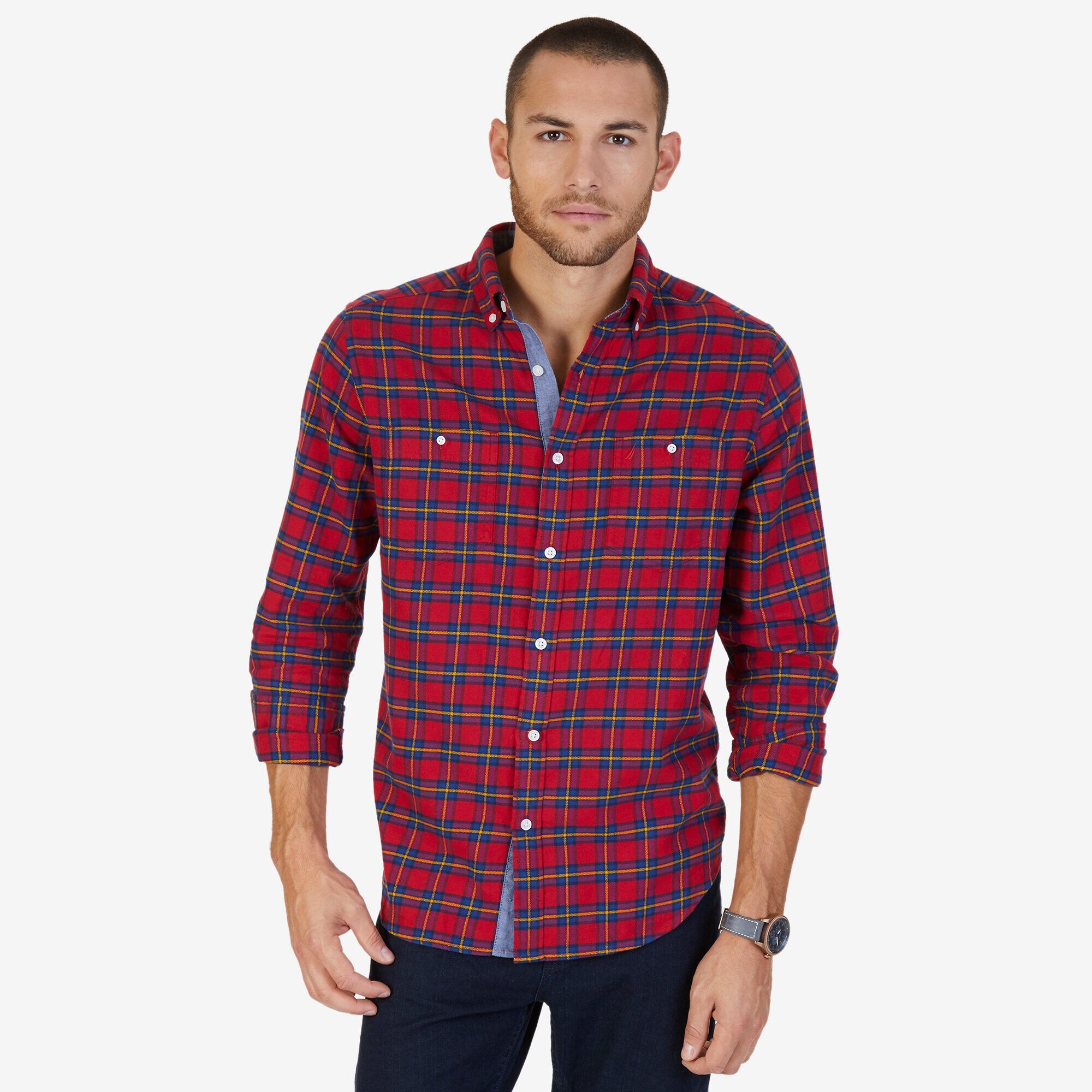 Classic Fit Plaid Flannel Shirt,Nautica Red,large