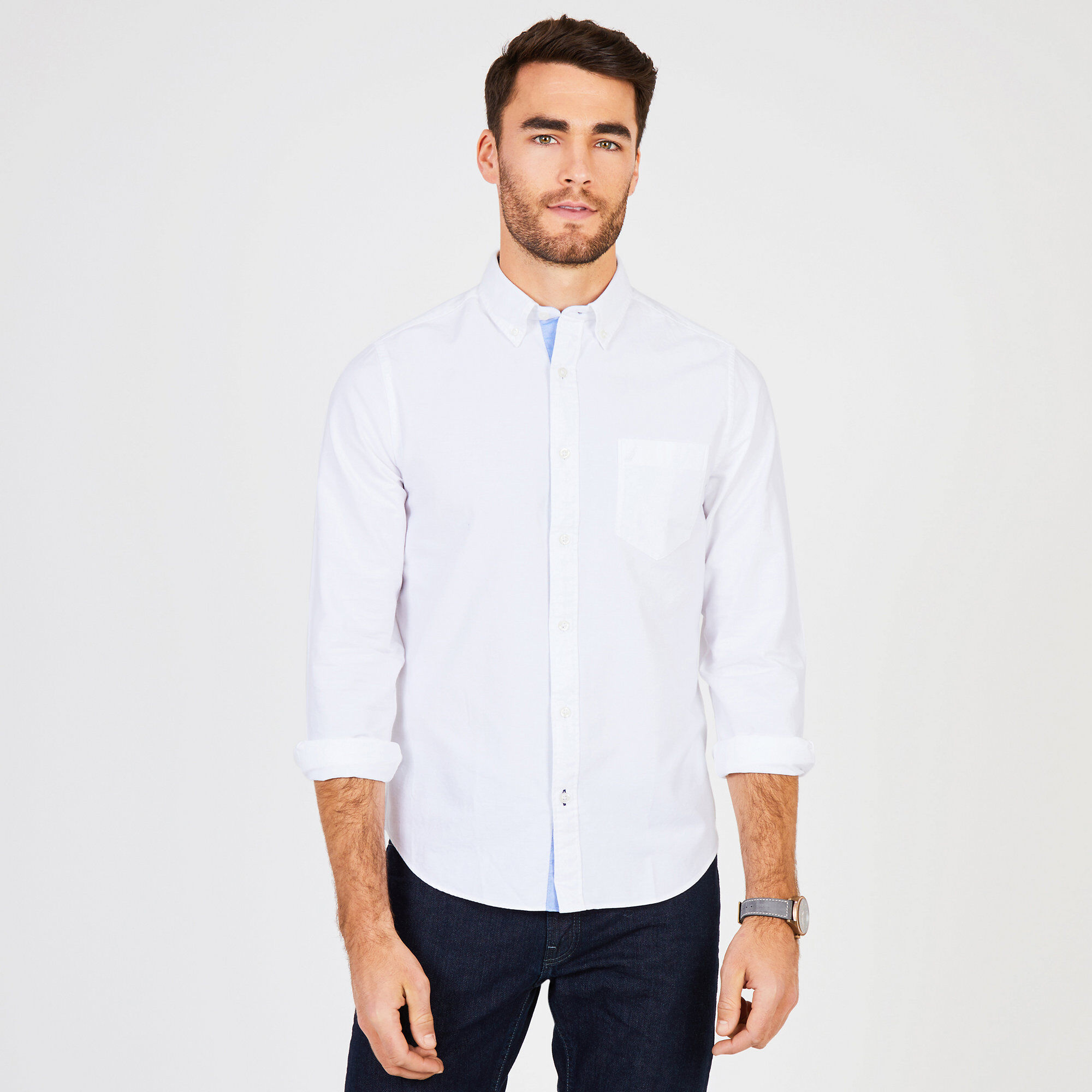 Solid Oxford Long Sleeve Slim Fit Button Down,Bright White,large