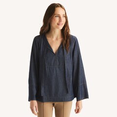 Chambray V-Neck Top,Stellar Blue Heather,large