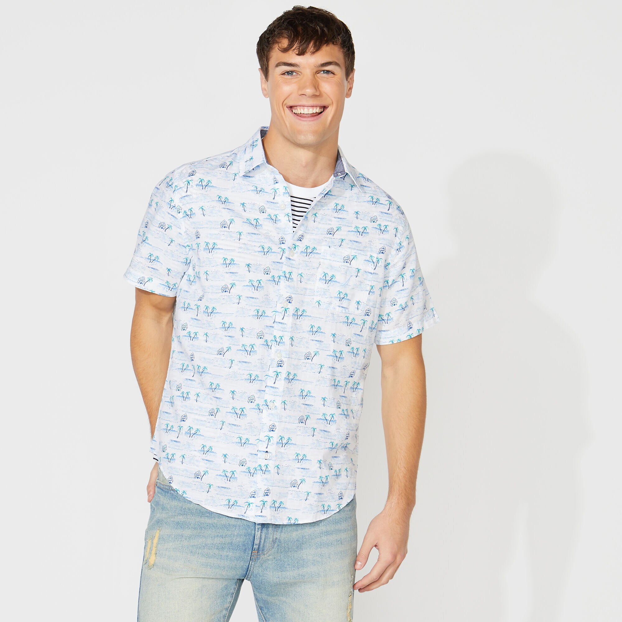 PALM PRINT LINEN SHORT SLEEVE SHIRT,Bright White,large