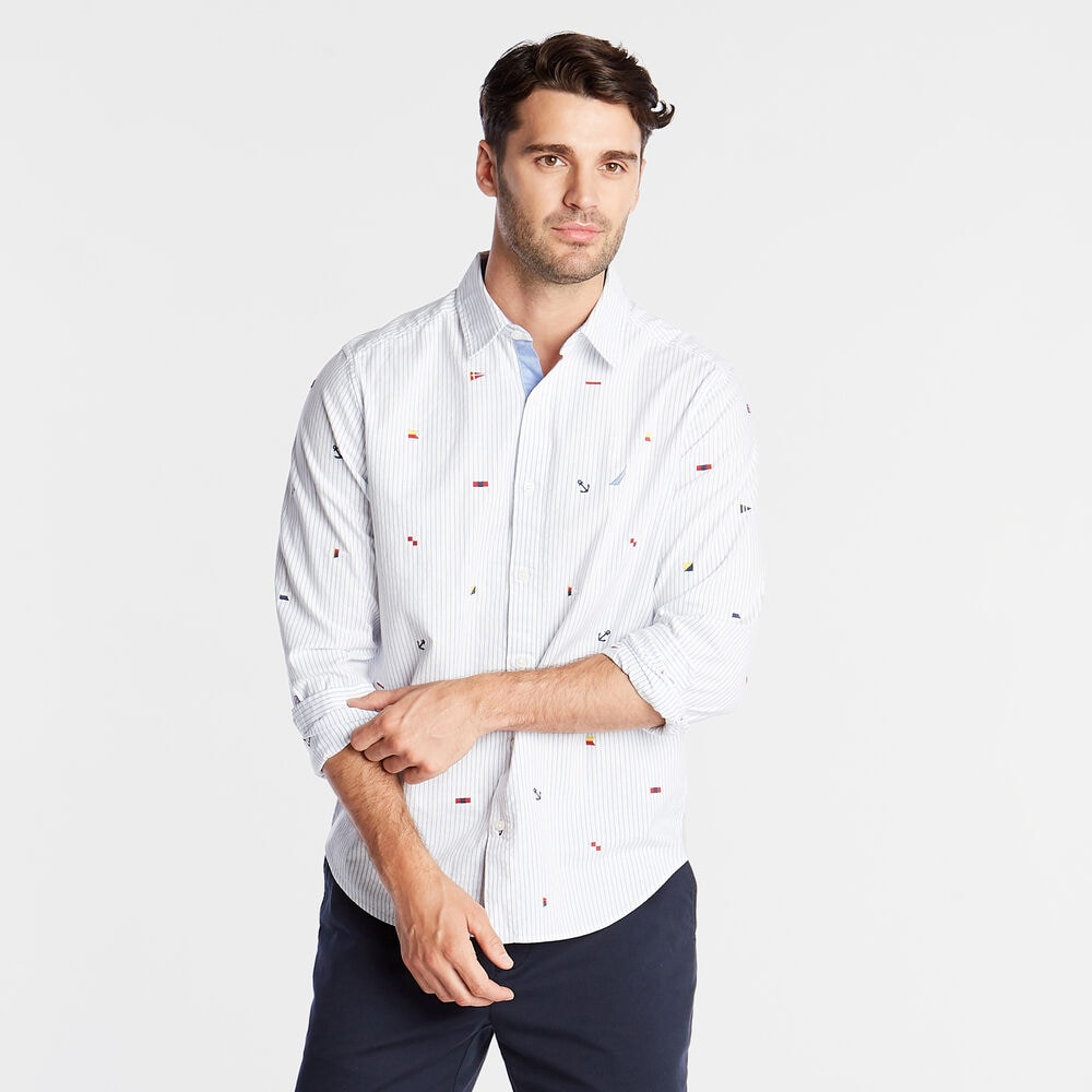CLASSIC FIT OXFORD SHIRT IN EMBROIDERED PINSTRIPE,Bright White,large