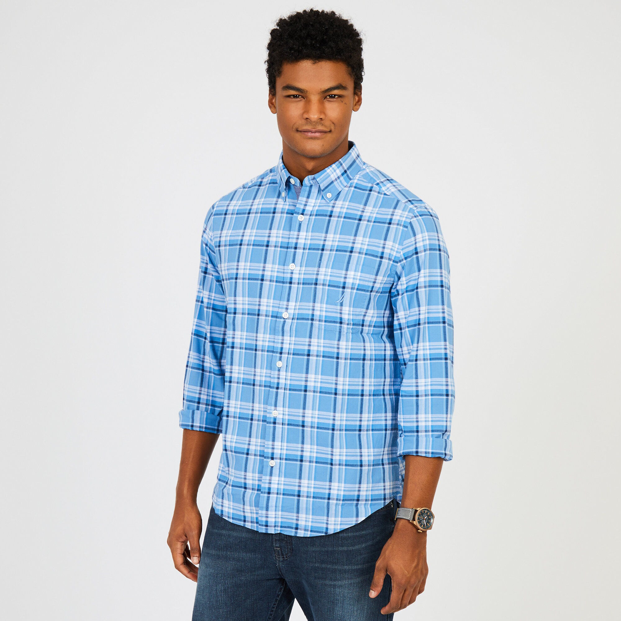 Tonal Plaid Long Sleeve Classic Fit Button Down ,Riviera Blue,large