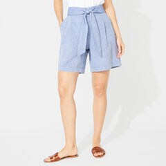 8" PLEATED-FRONT LINEN HIGH-WAIST SHORT,Deep Navy Heather,large
