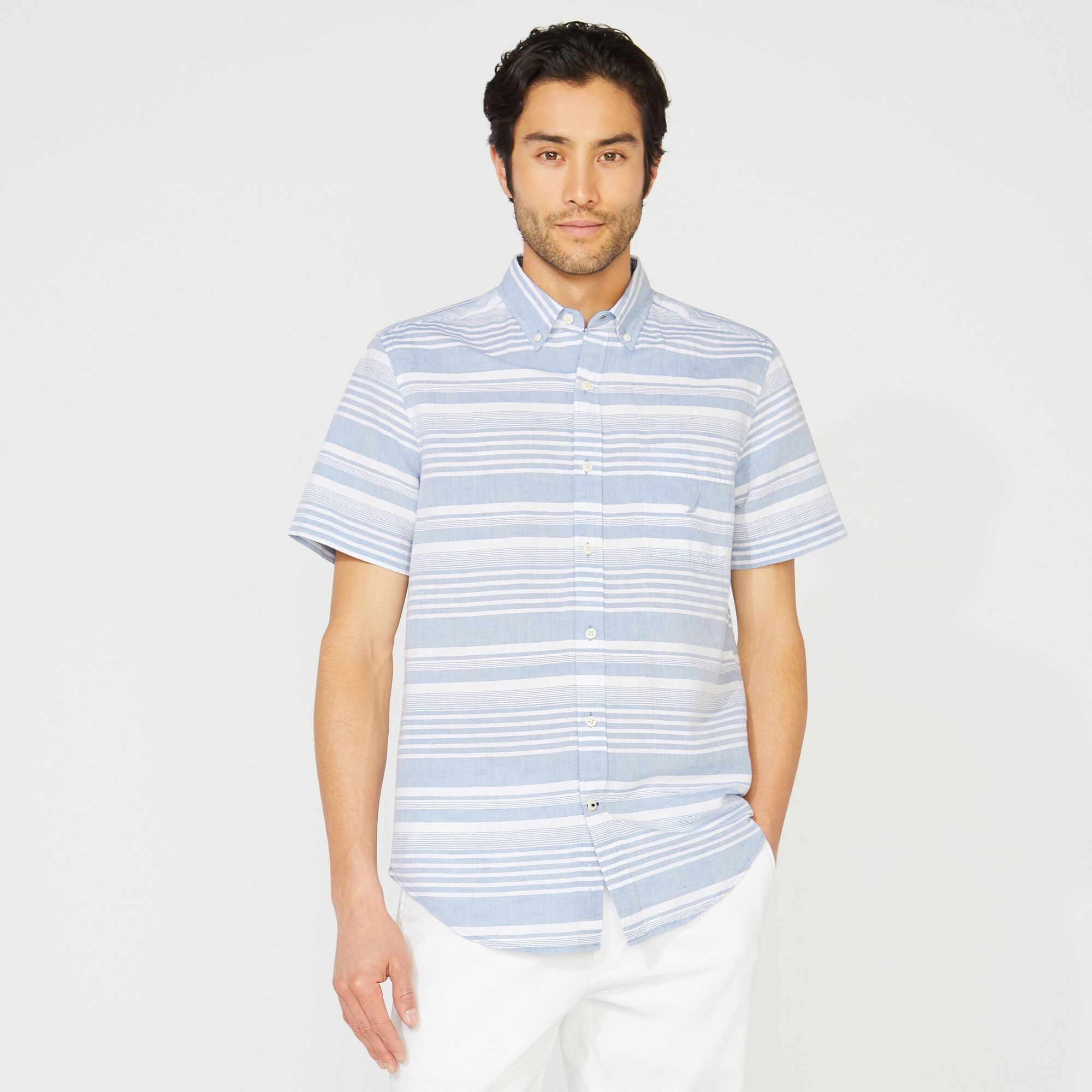 STRIPED LINEN SHORT-SLEEVE SHIRT,Star Sapphire,large
