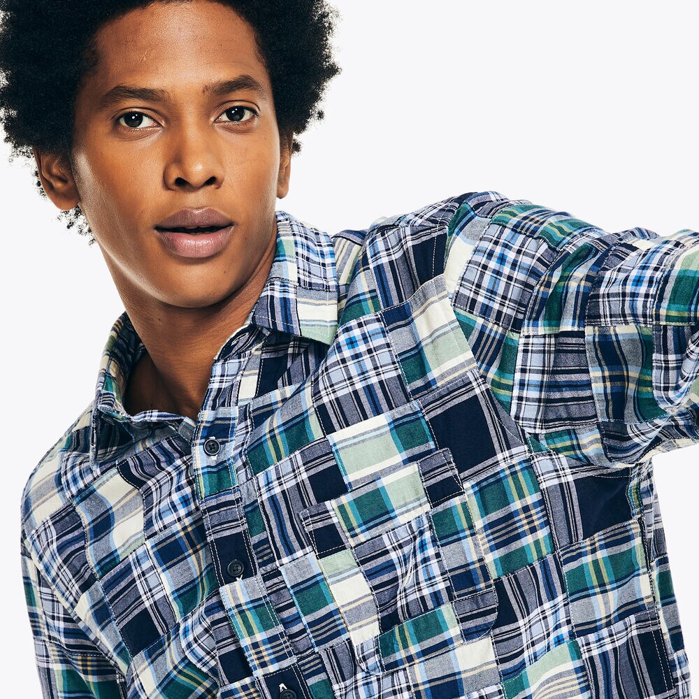 Patchwork Plaid Shirt,Peacoat,large