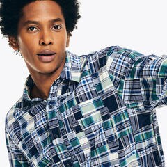 Patchwork Plaid Shirt,Peacoat,large