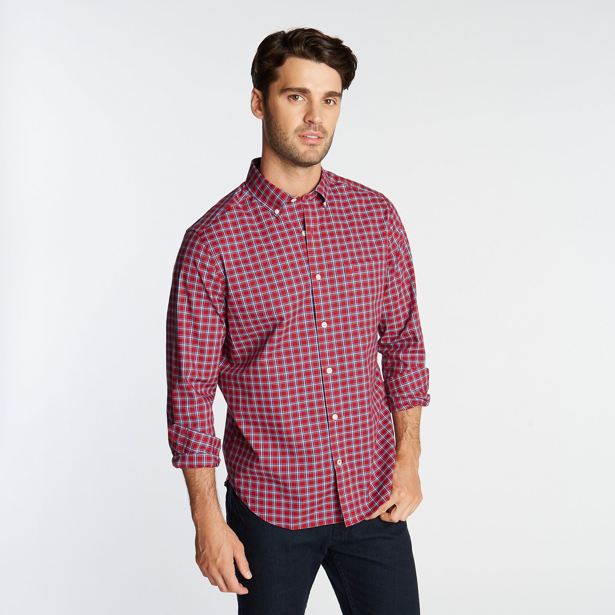 CLASSIC FIT WRINKLE RESISTANT SHIRT IN RED MINI PLAID,Nautica Red,large
