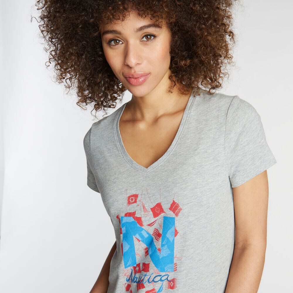 CLASSIC FIT V-NECK T-SHIRT IN LOGO GRAPHIC,Grey Heather,large