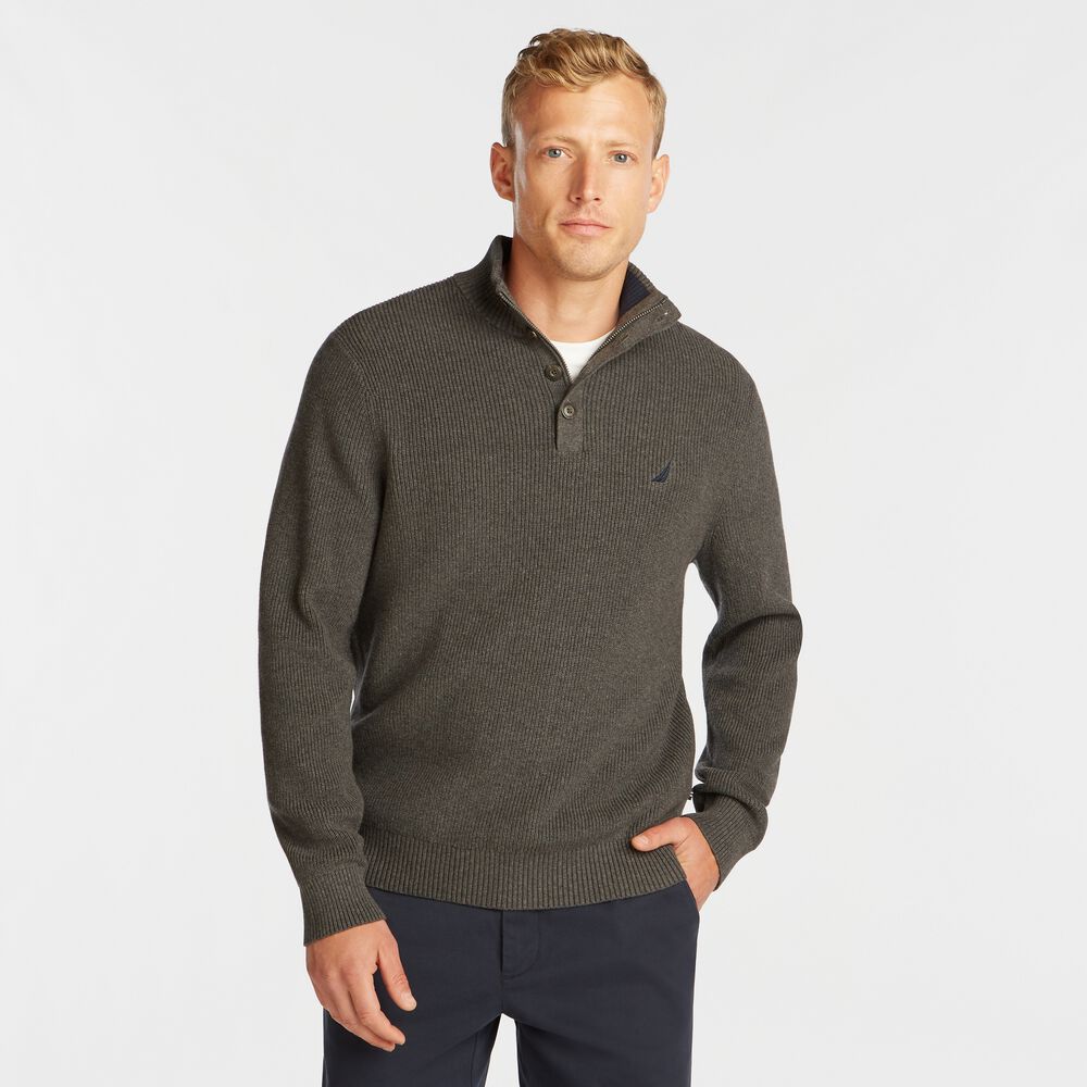 BUTTON MOCK-NECK SWEATER,Charcoal Heather,large