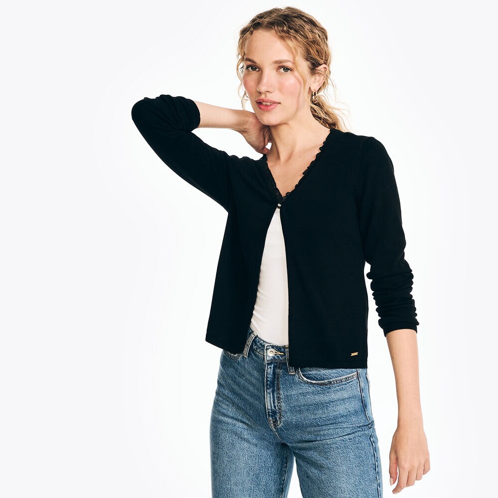 Sustainably Crafted Chiffon Trim Cardigan,True Black,large