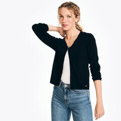 Sustainably Crafted Chiffon Trim Cardigan,True Black,large