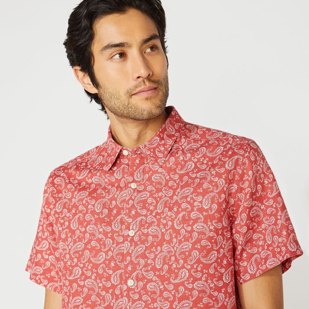 CLASSIC FIT LINEN PAISLEY SHIRT,Mineral Red,large
