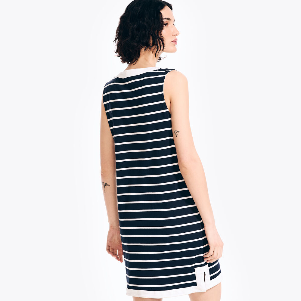 Lace-Up Striped Tunic Dress,Stellar Blue Heather,large