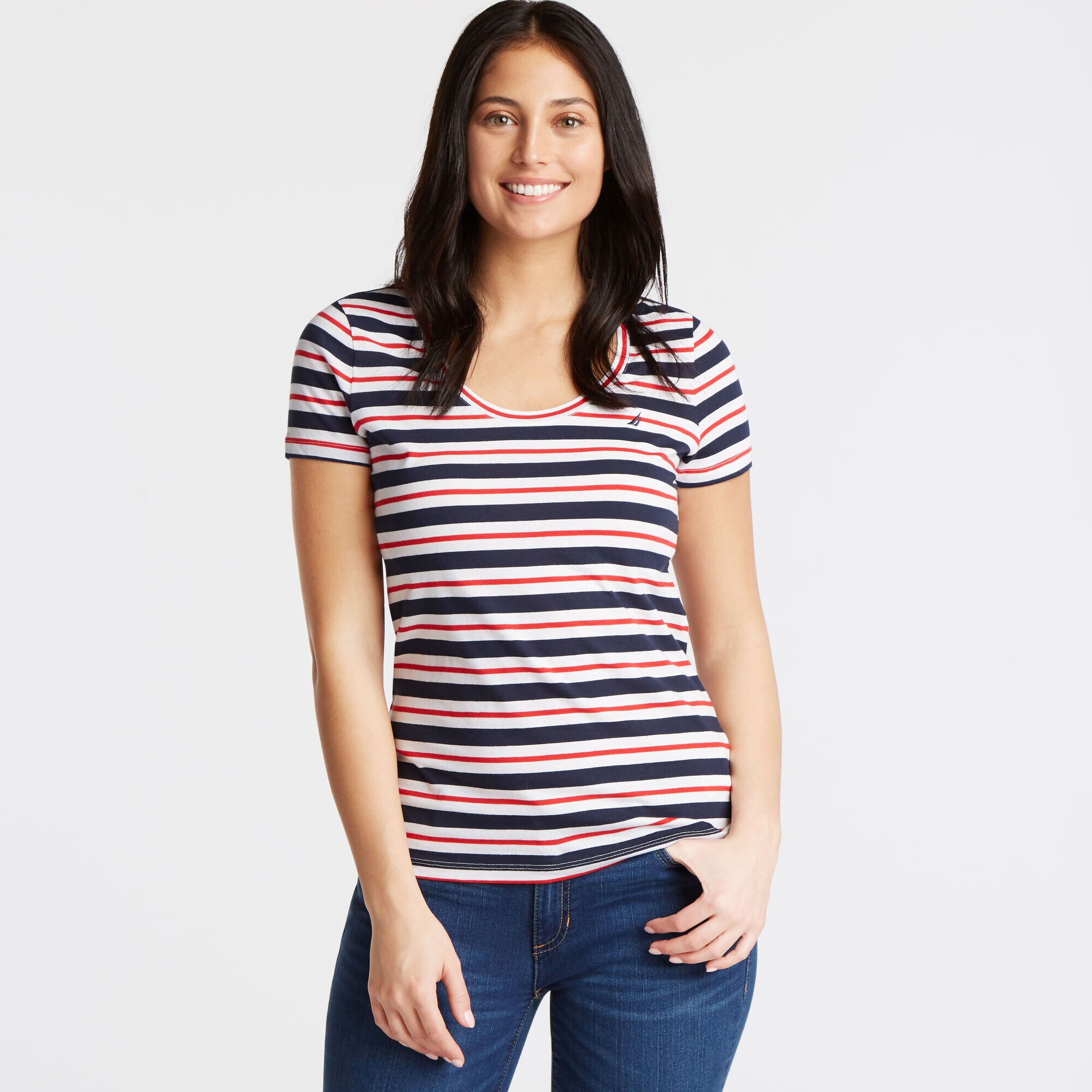 Tri-Color Stripe Scoop-Neck Tee,Stellar Blue Heather,large