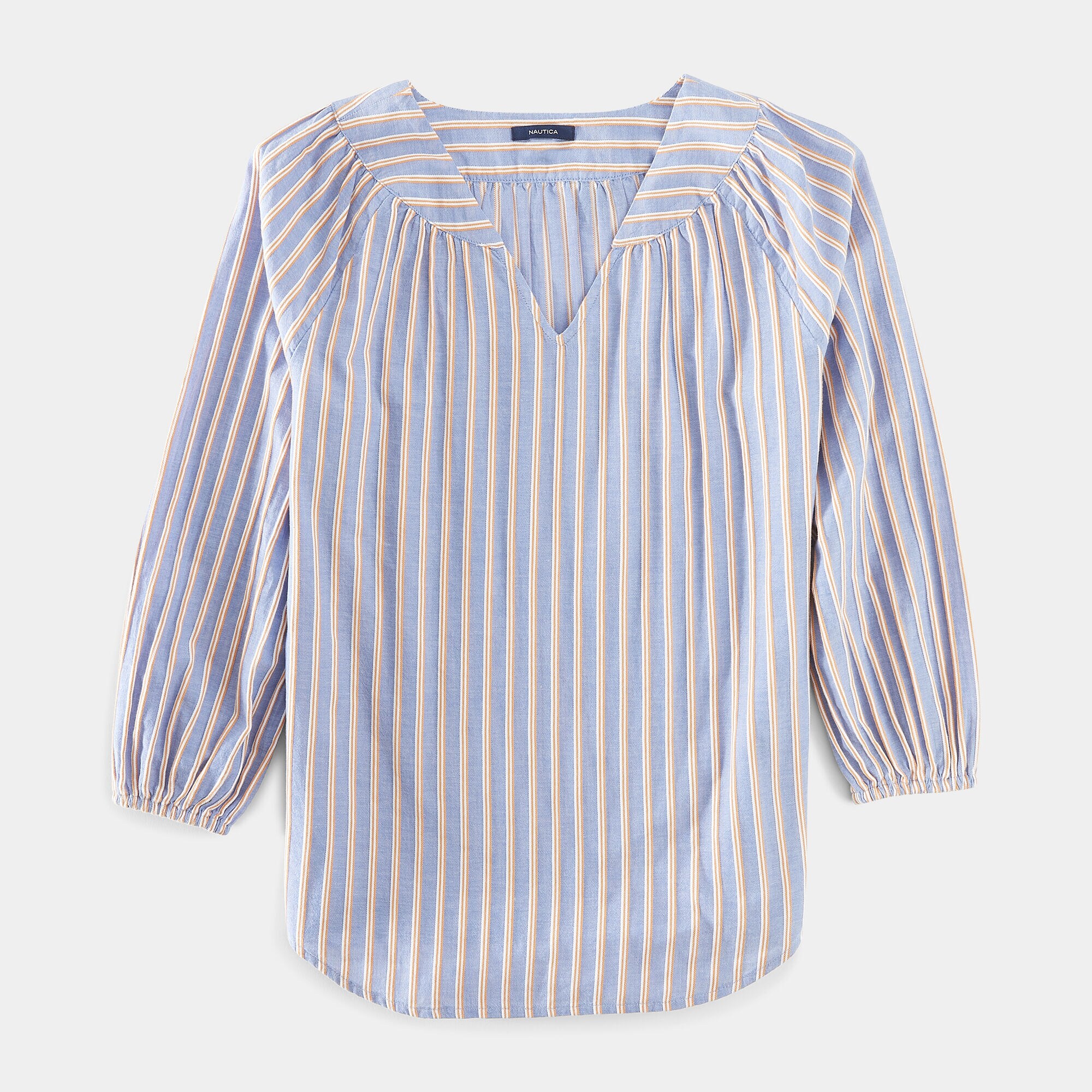 STRIPE CHAMBRAY THREE-QUARTER SLEEVE TOP,Coral Reef Heather,large