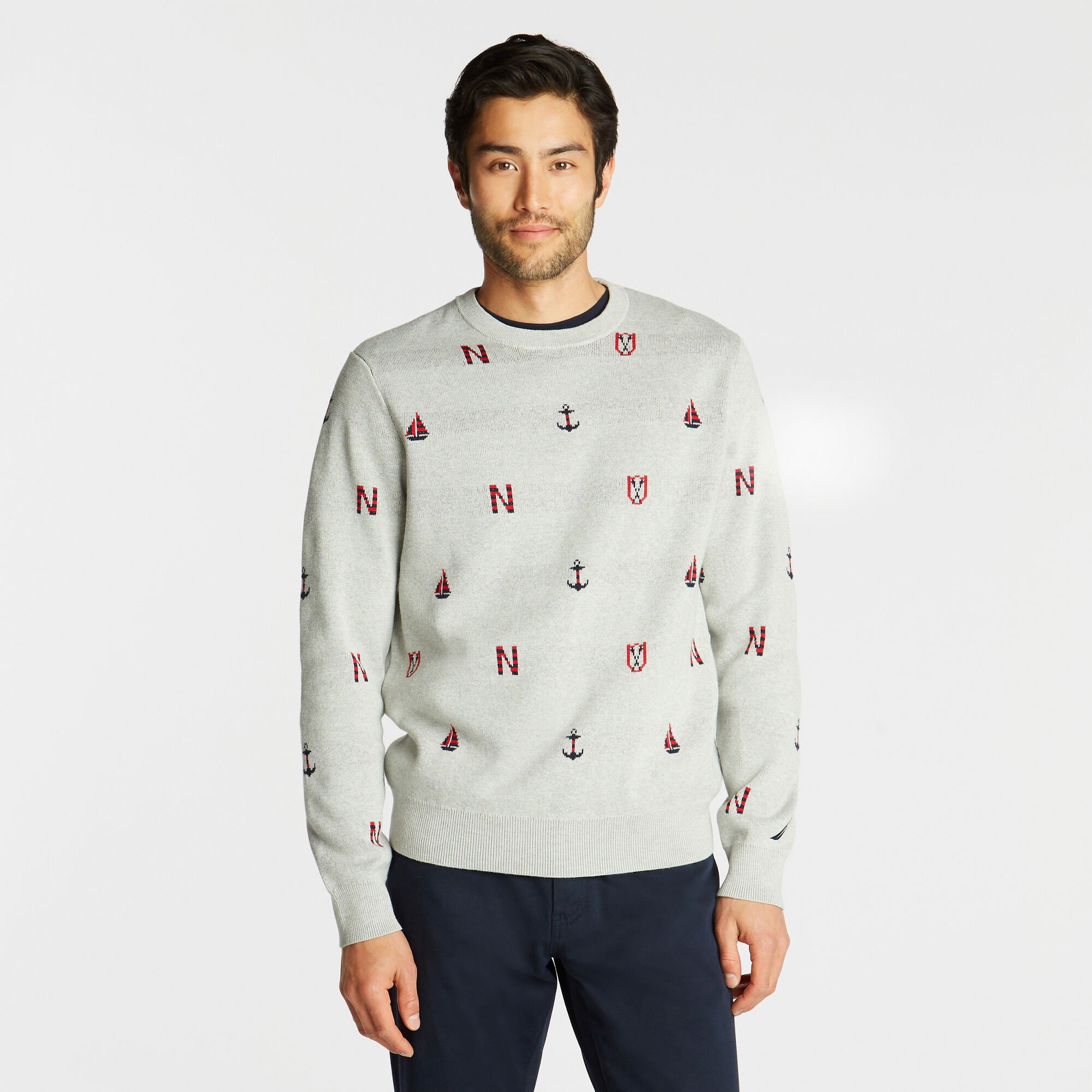 NAVTECH JACQUARD CREWNECK SWEATER,Grey Heather,large