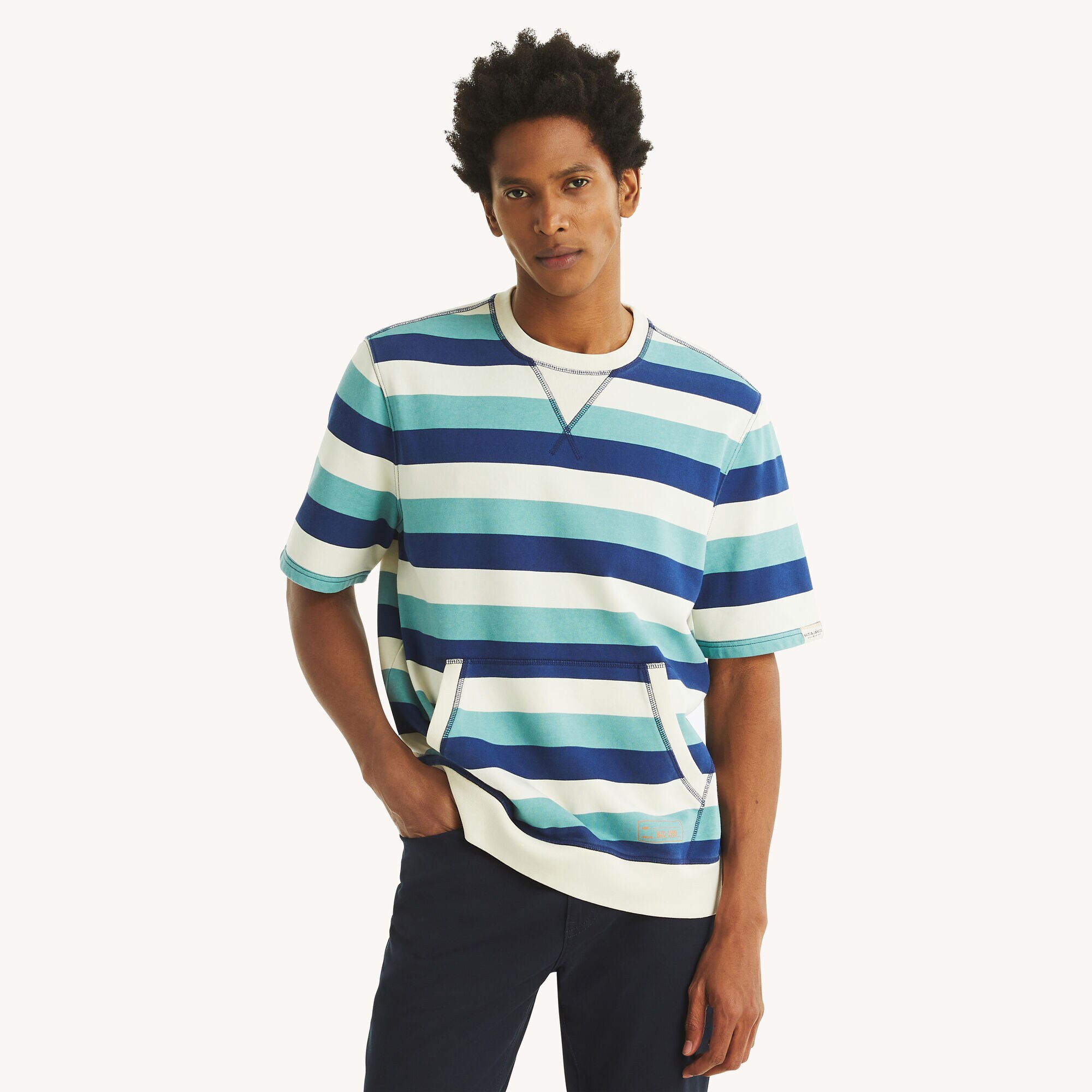 Nautica Jeans Co. Striped Crewneck T-Shirt,Anchor Blue Heather,large