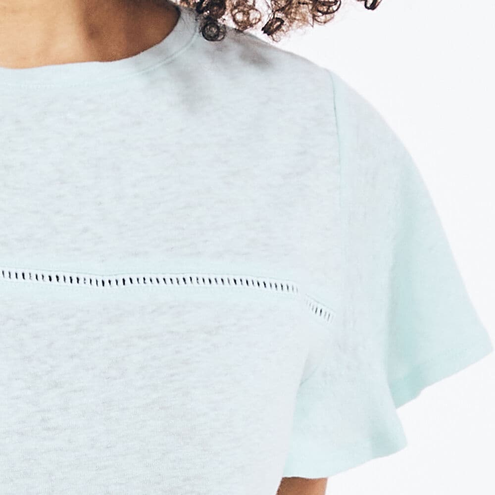 LINEN FLUTTER-SLEEVE TOP,Aqua Splash,large
