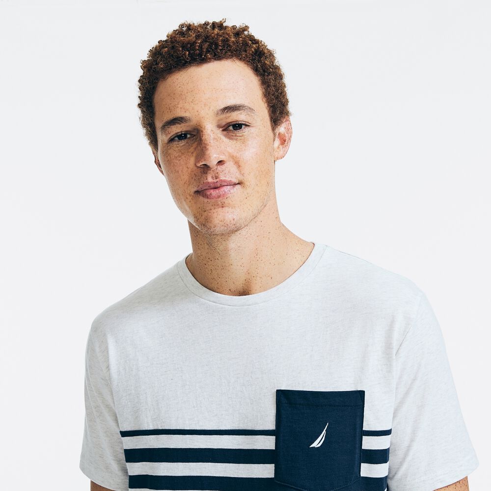 SUSTAINABLY CRAFTED COLORBLOCK-STRIPE POCKET T-SHIRT,Snow Heather,large