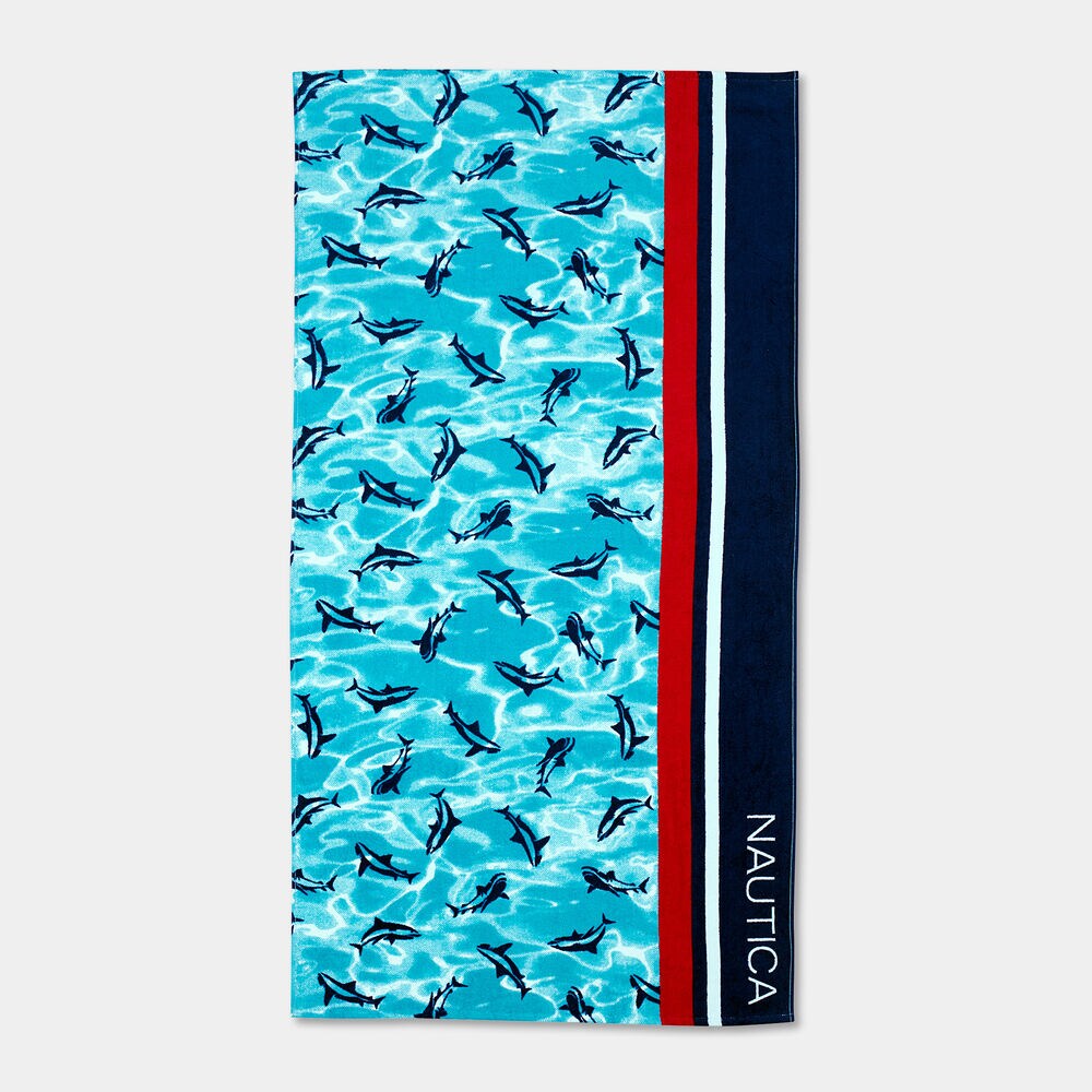 KIDS' SHARK PRINT BEACH TOWEL,Nautica Red/Orange,large