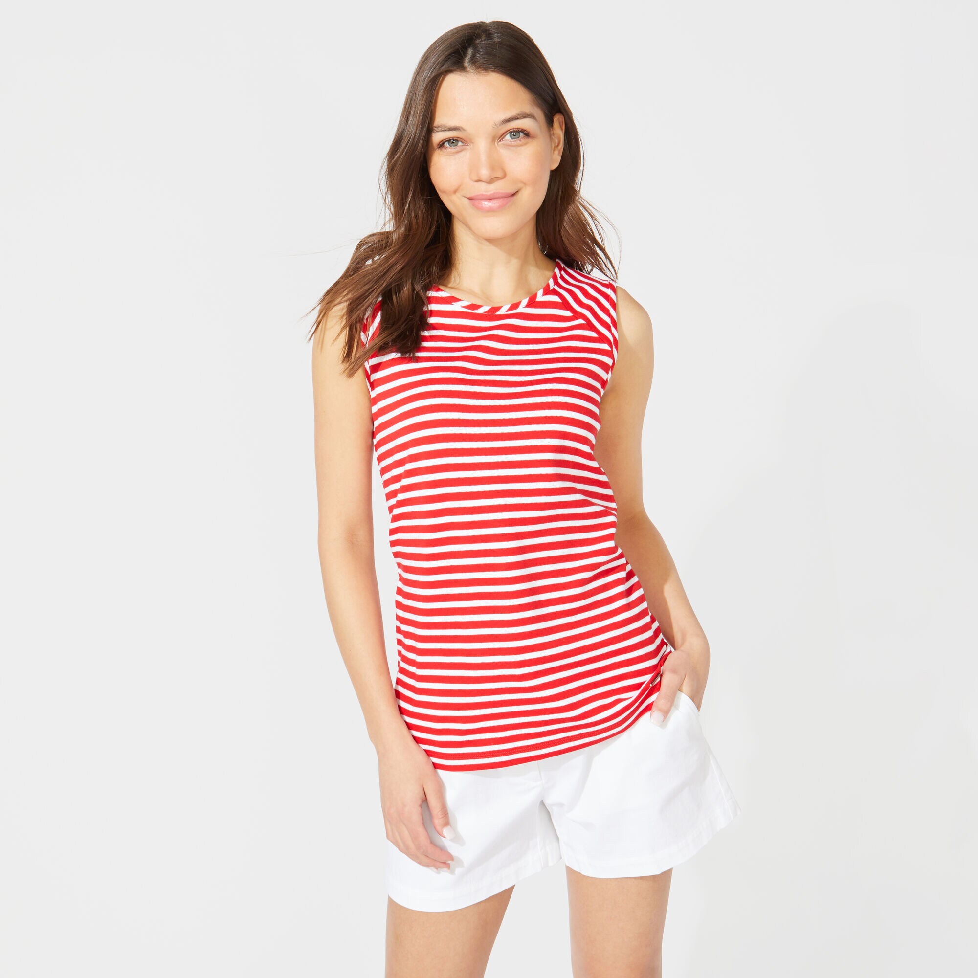 STRIPE SLEEVELESS KNIT TOP,Tomales Red,large