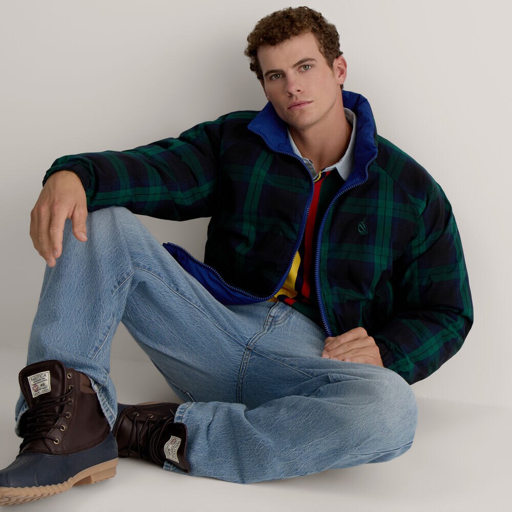 Reversible Color Blocked Puffer Jacket,Deep Navy Heather,large
