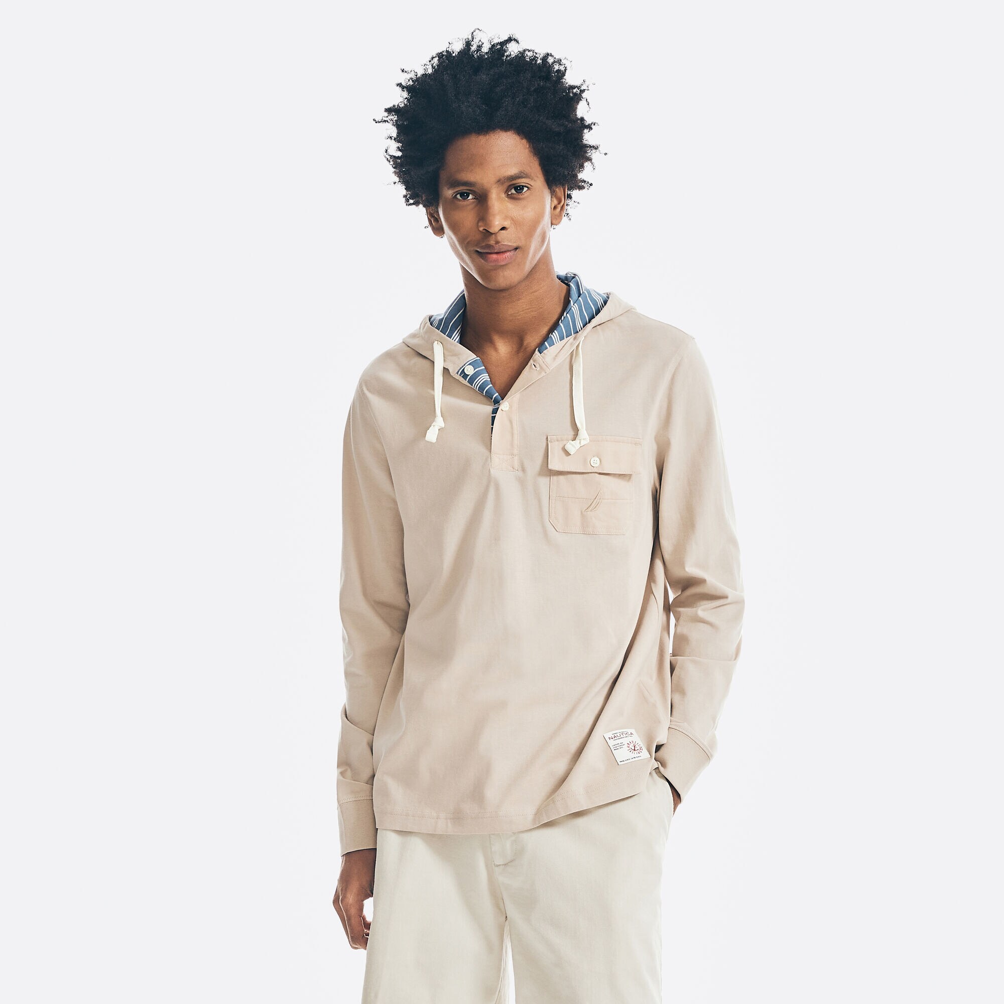 POCKET LONG-SLEEVE T-SHIRT HOODIE,Oxford Tan,large
