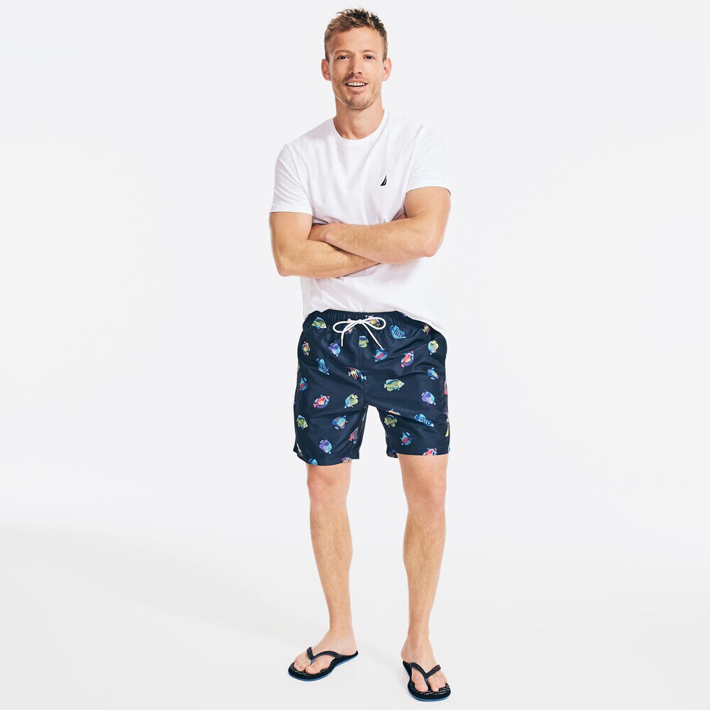 8" TROPICAL FISH PRINT SWIM SHORTS,Navy,large
