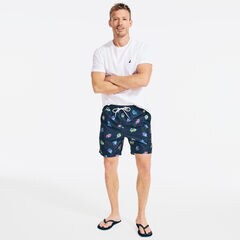 8" TROPICAL FISH PRINT SWIM SHORTS,Navy,large