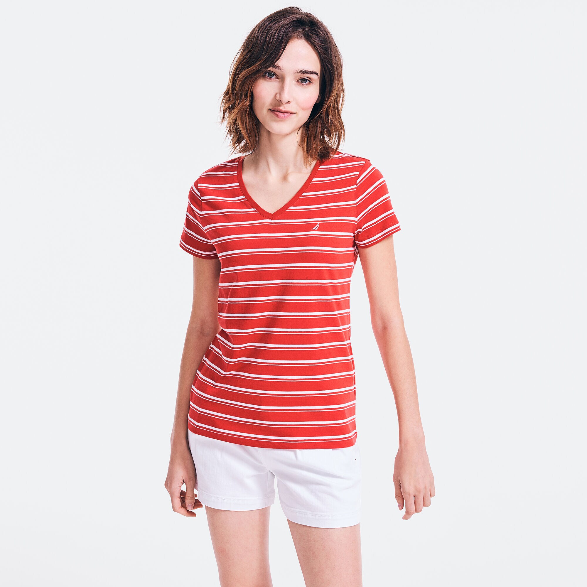 STRIPED V-NECK T-SHIRT,Buoy Red,large