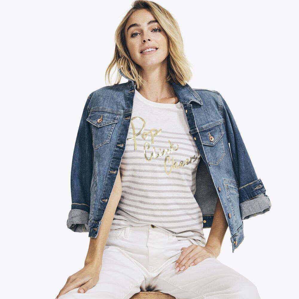 POP CLINK CHEERS STRIPED T-SHIRT,Marshmallow,large