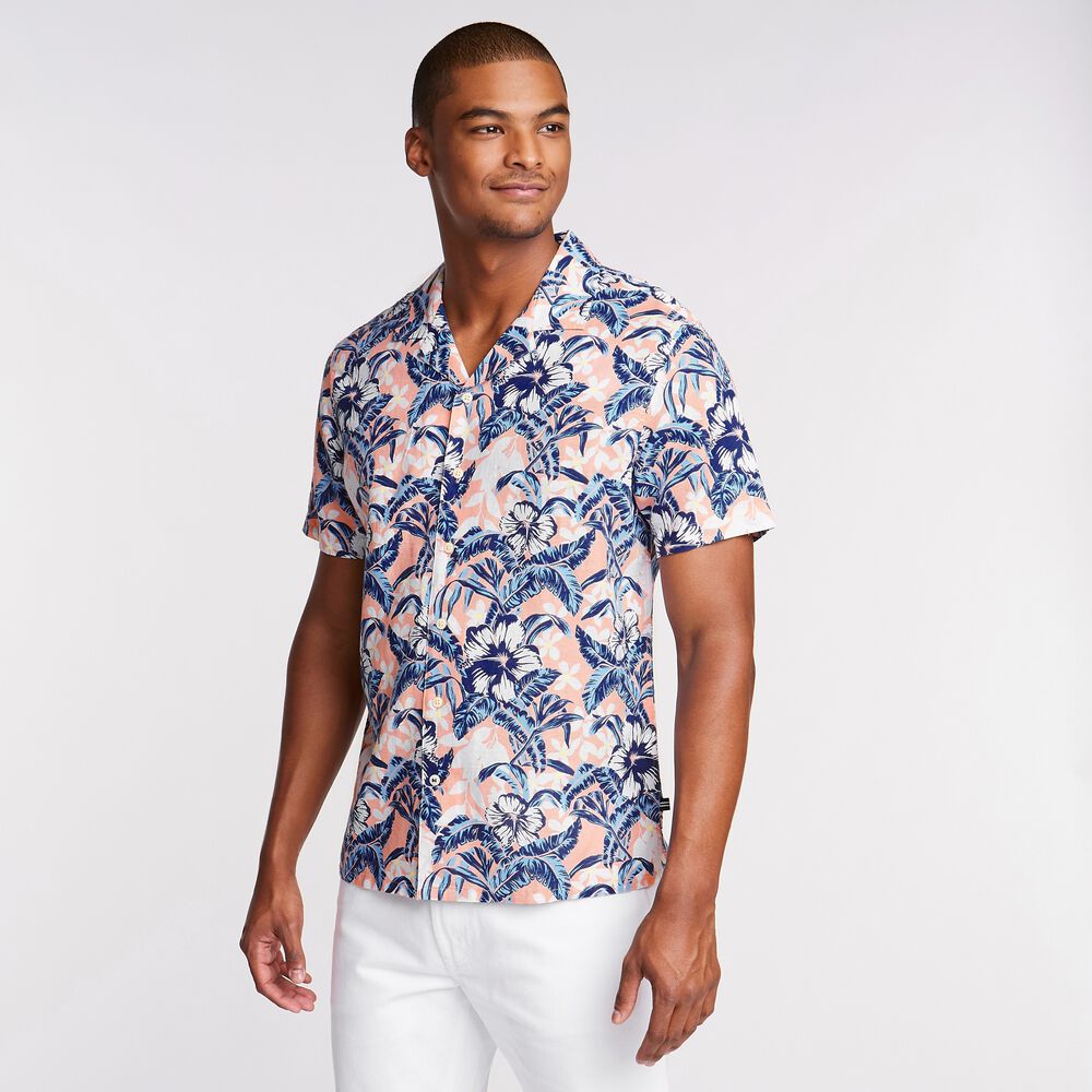 Linen Blend Camp Shirt in Tropical Print,Peach Glow,large