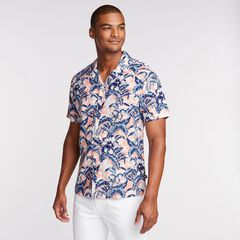 Linen Blend Camp Shirt in Tropical Print,Peach Glow,large