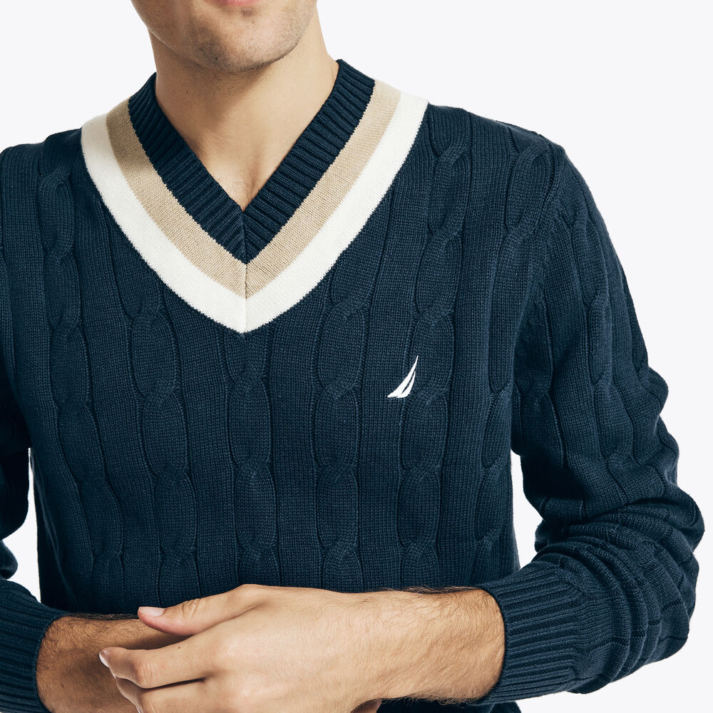 CRICKET CABLE-KNIT V-NECK SWEATER,Navy,large