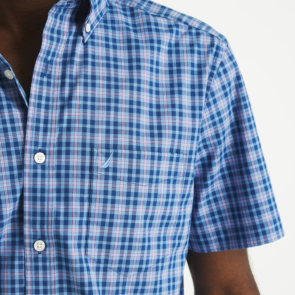 Classic Fit Wrinkle-Resistant Plaid Short-Sleeve Shirt,Estate Blue,large