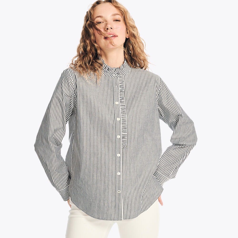 Striped Ruffle-Neck Shirt,Bright White,large